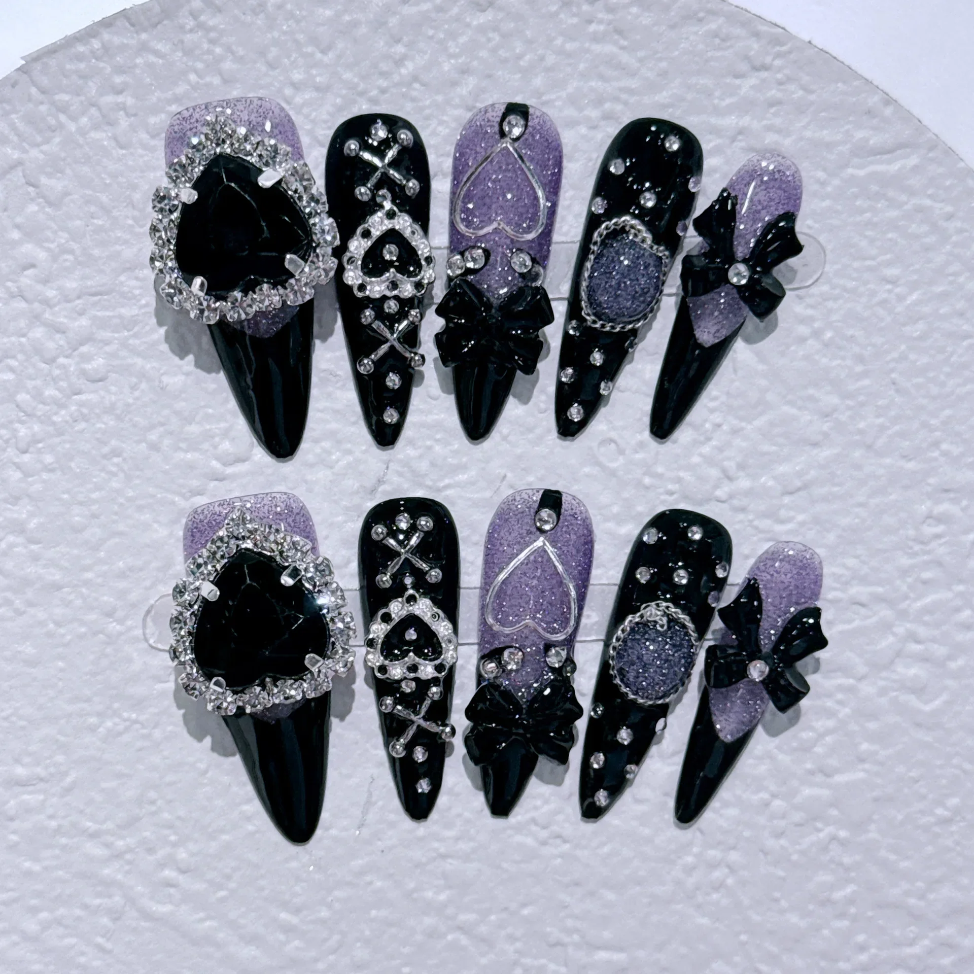 10pc Stiletto Almond Press On Nails Dark Black Fake Nails With Butterfly Star Design Hot Girl Detachable Full Cover Nail Art Tip