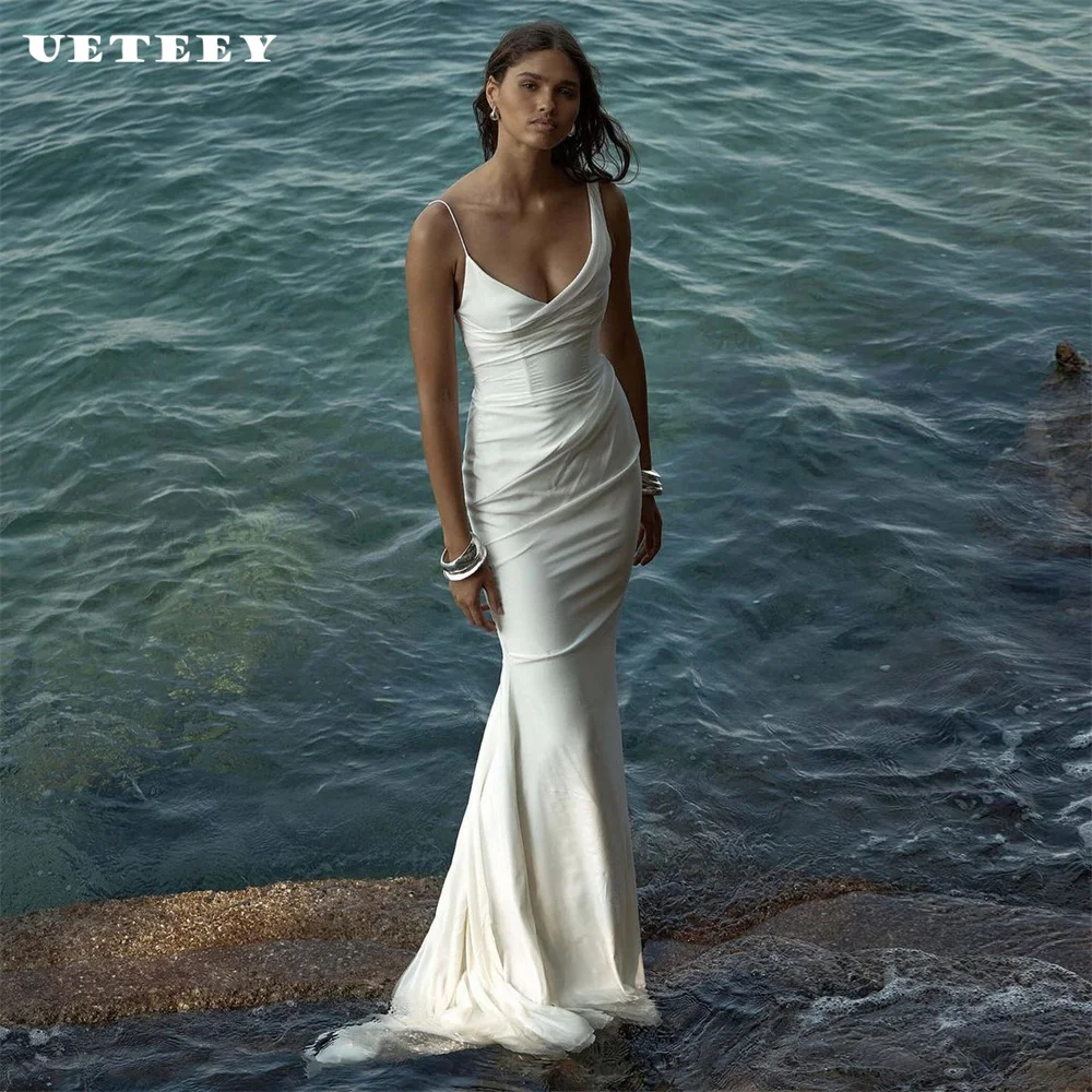 UETEEY Customized Simple V Neck Pleats Asymmetric Crepe Mermaid Wedding Dress Sleeveless Backless Court Train Bridal Gown