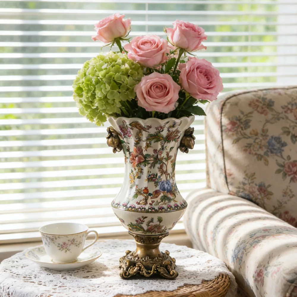 

HYS retro ice crack ceramic vase creative home ornament European binaural high-footed vase