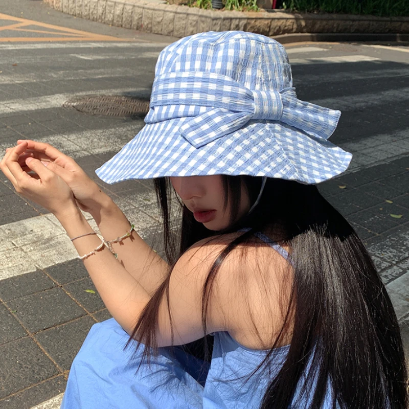 Japanese Retro Contrasting Color Plaid Strap Bucket Hats Women Summer Versatile Bow Design Big Brim Sun Protection Sun Caps