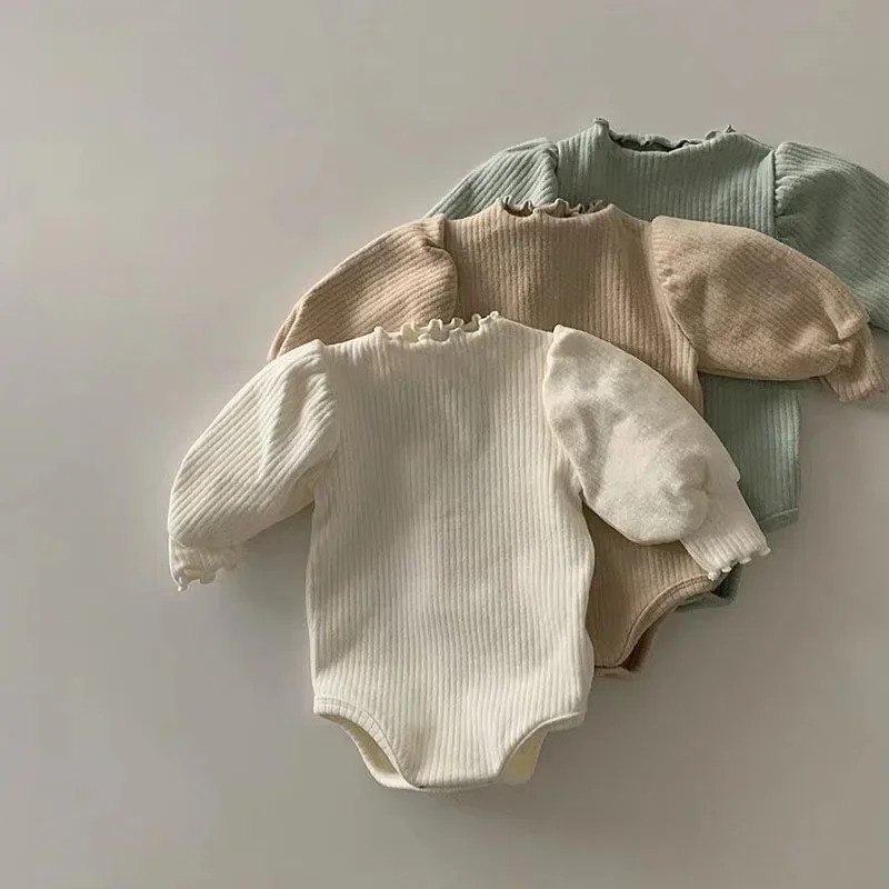 

2023 New Spring and Autumn Women's Infant and Toddler Bubble Sleeves Wooden Ear Collar Wrap Hip Romper Jumpsuit