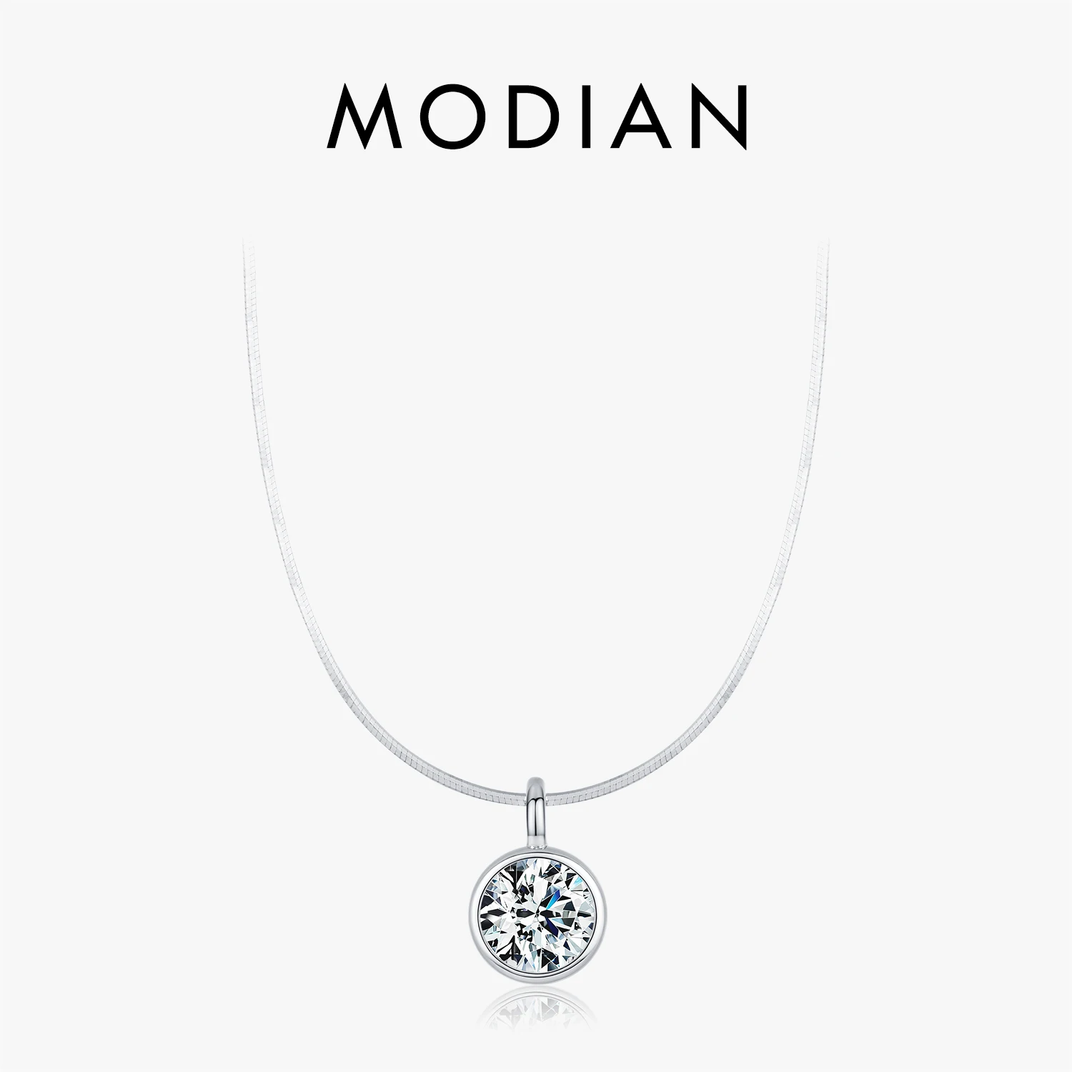 MODIAN 925 Sterling Silver Simple Sparkling Round Sparkling Clear CZ Snake Chain Choker Pendant Necklace For Women Fine Jewelry