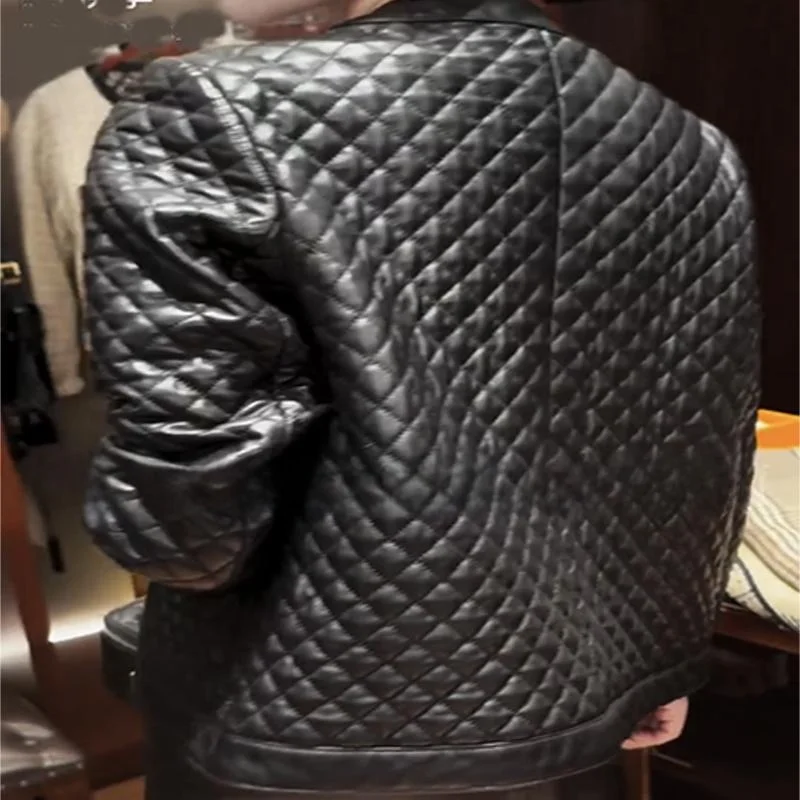 Damska kurtka skórzana Ele Quilted Cotton Top Layer eepskin, rozmiar S, wzór Fraance Sle Diamond, nowość 2024.