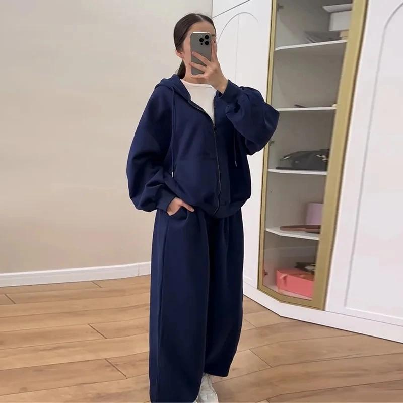 2025 Autumn New Sweet Fresh Blue Hooded Zipper Sweatshirt Cuffed Pants Two Piece Set Women Casual Fashion Outfit
