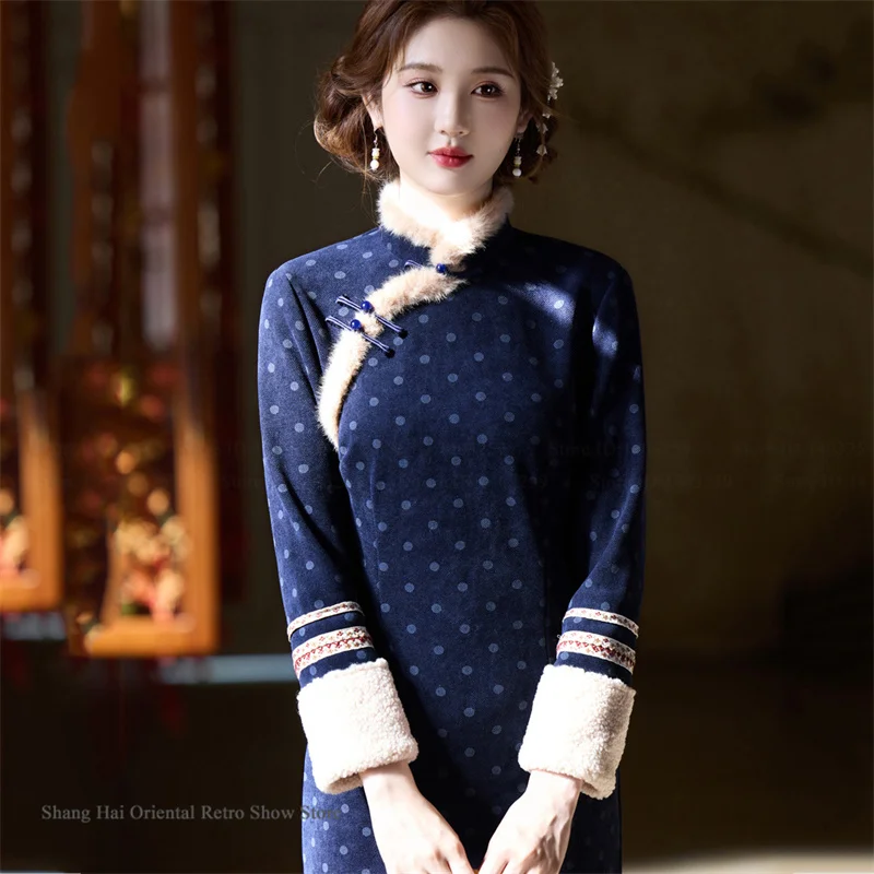 

Elegant Improved Chinese Cheongsam Autumn Winter Plush Thicken Chinese Dress Sexy Slim Qipao Chinese New Year National Costumes