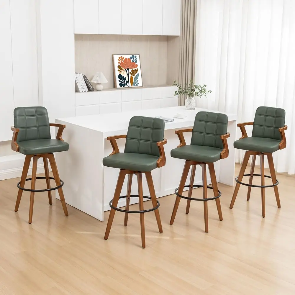 

Bar Stools Set of 4 30 inch Mid Century Bar Stools with Curved Back and Arms, Walnut Craftsmanship, Faux Leather Seat, Kitchen