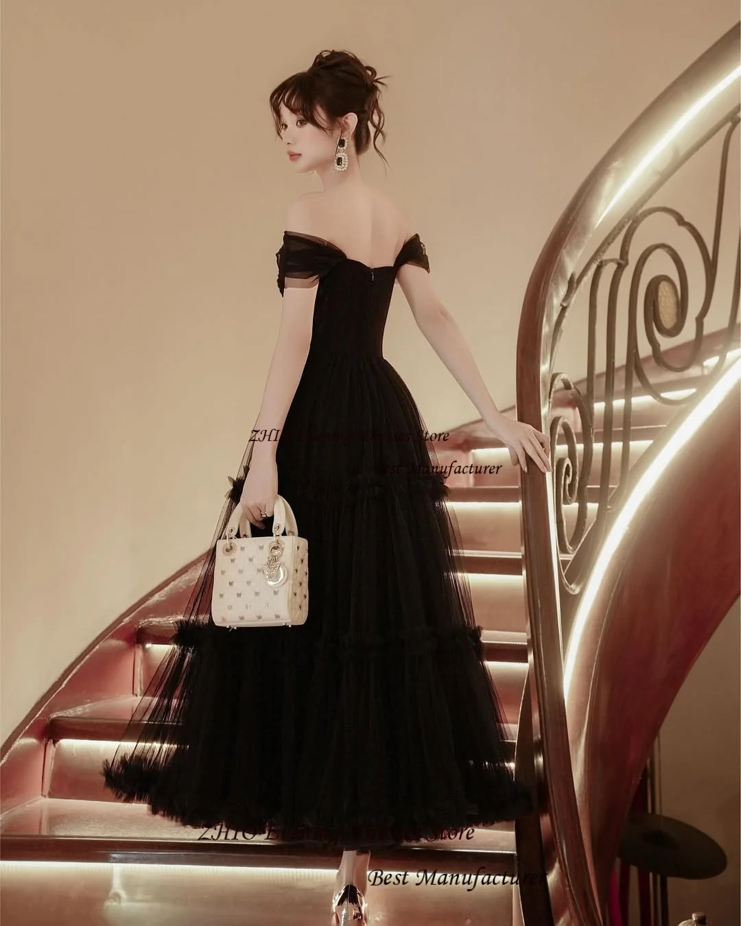 ZHIO Modern Sweetheart Organza A Line Abito da sera Abito con spalle scoperte Multi strati Zip Back Illusion Lunghezza caviglia Manica corta