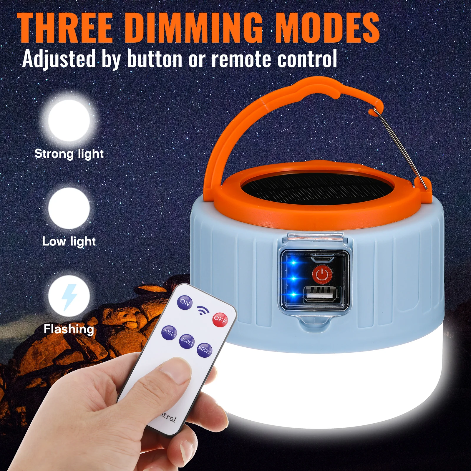 Solar Tent Light Camping Lantern Rechargeable USB Operated Emergency LED Outdoor Hook Design Three Modes Intelligent