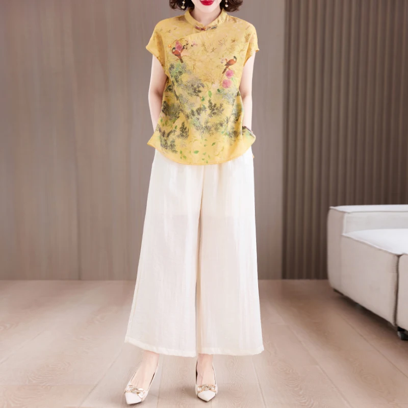

Large Size Women's Anti-Aging Meat-Covering Summer New Casual Shirt Pants Two-Piece Set New Chinese Style Ensemble