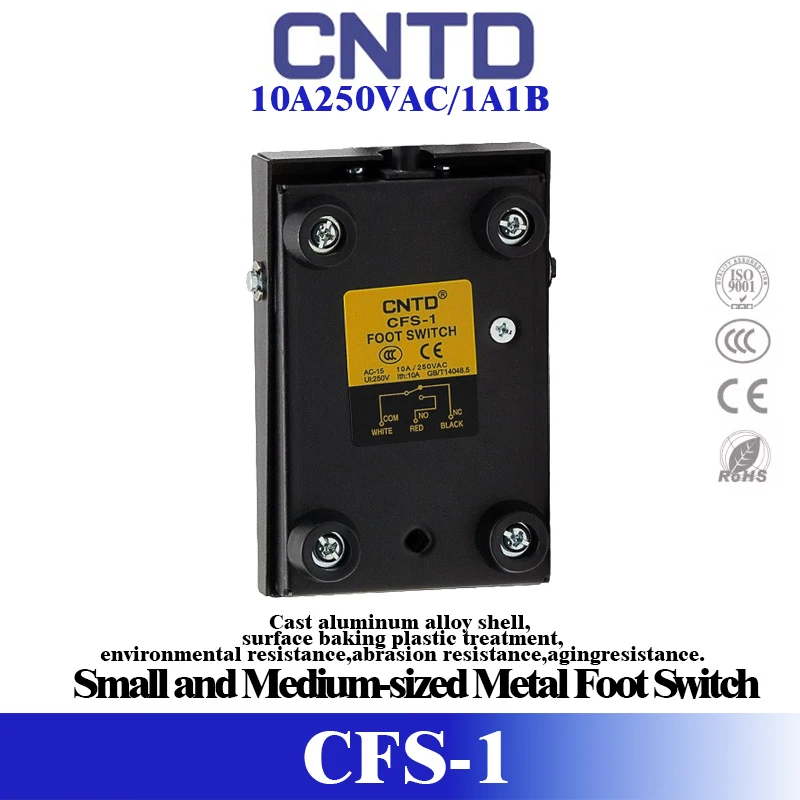 CNTD CFS-1 Mini Foot Switch Iron Housing Painted 10A 250V AC SPDT Momentary Pedal Control 0.5mm² 3C Cable 1m 100x65x28mm Black