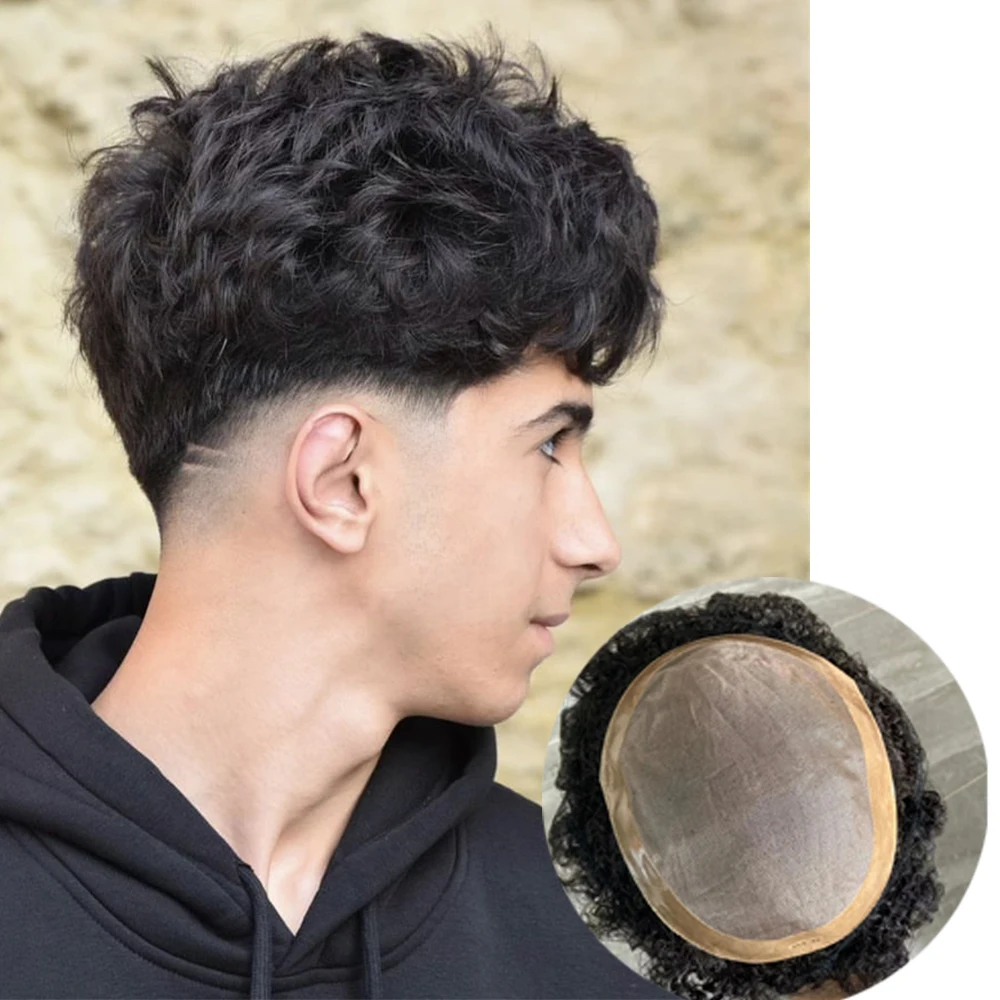 Toupee encaracolado preto do cabelo humano para homens, Mono fino durável, base do plutônio, sistema da prótese do cabelo do homem, hairpieces, olhar natural, venda, 20mm