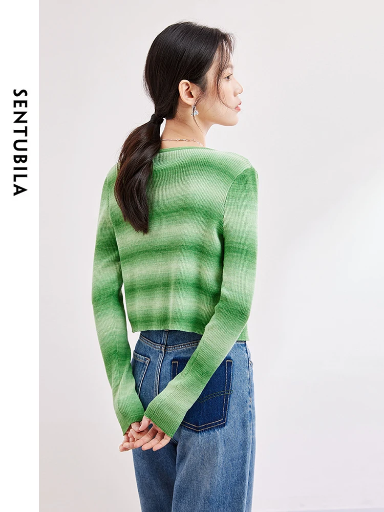 SENTUBILA Gradient Striped Casual Sweater Set Round Neck Sweater Cardigan Tank Top 2 Piece Set 2024 Spring Knitwear W41Z53749