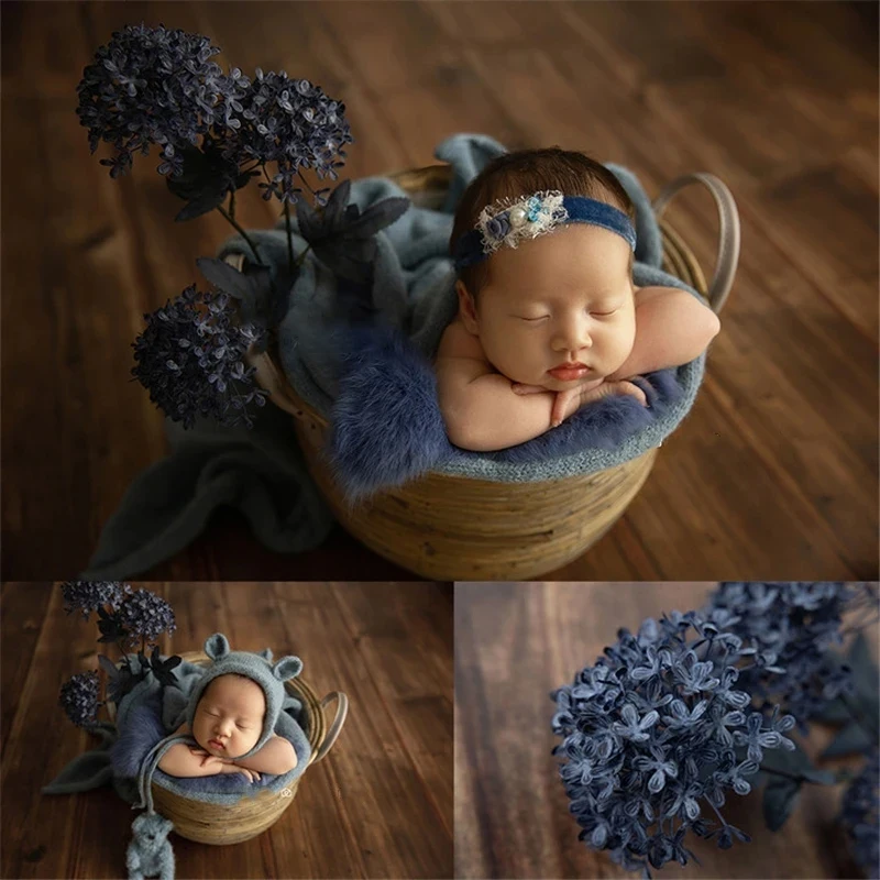 Newborn Photography Props Knit Wrap For New Born Baby Soft Stretchable Swaddling Blue Flowers Posing Basket Backdrop Theme Set