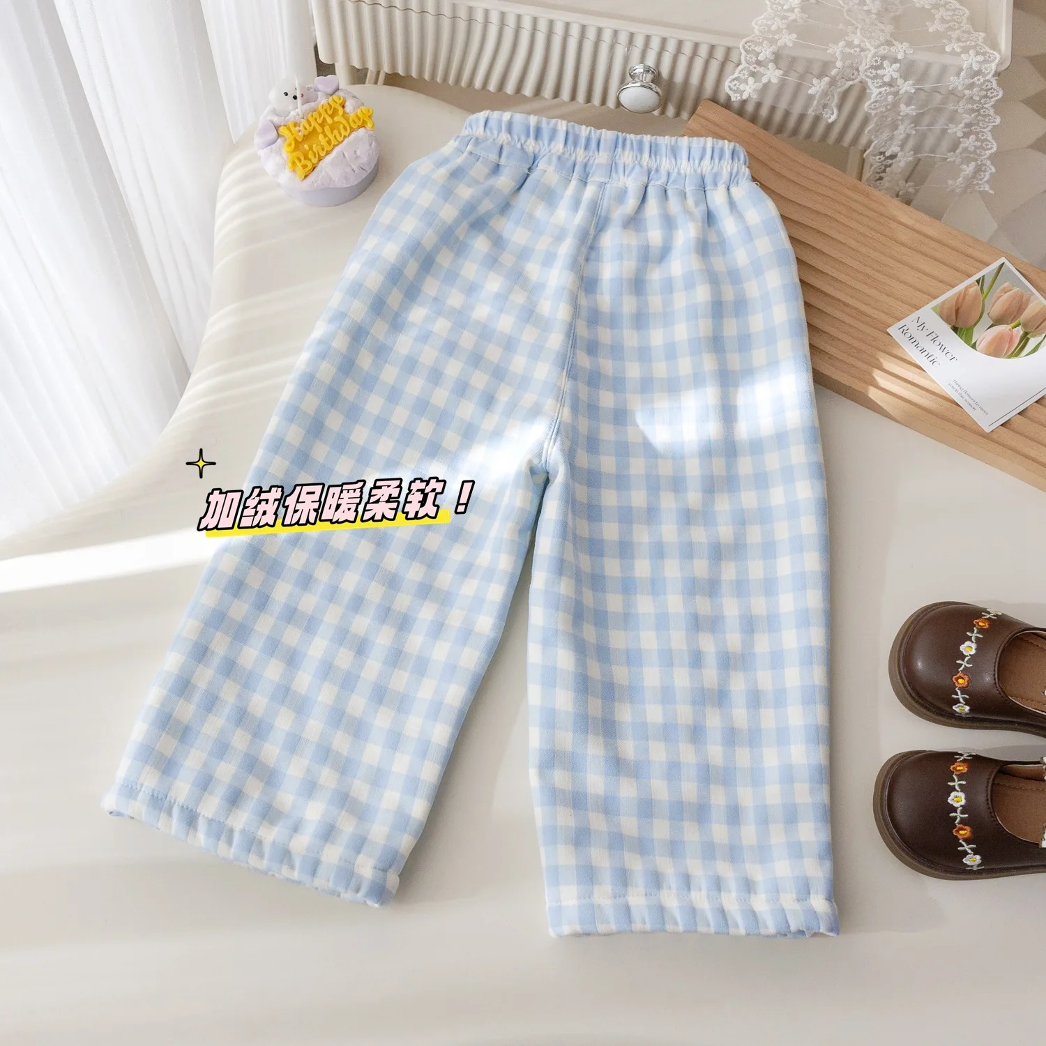 Girls Plaid Velvet Casual Pants Winter New Korean Foreign Style Thickened Straight Pants Baby Winter Versatile Trousers