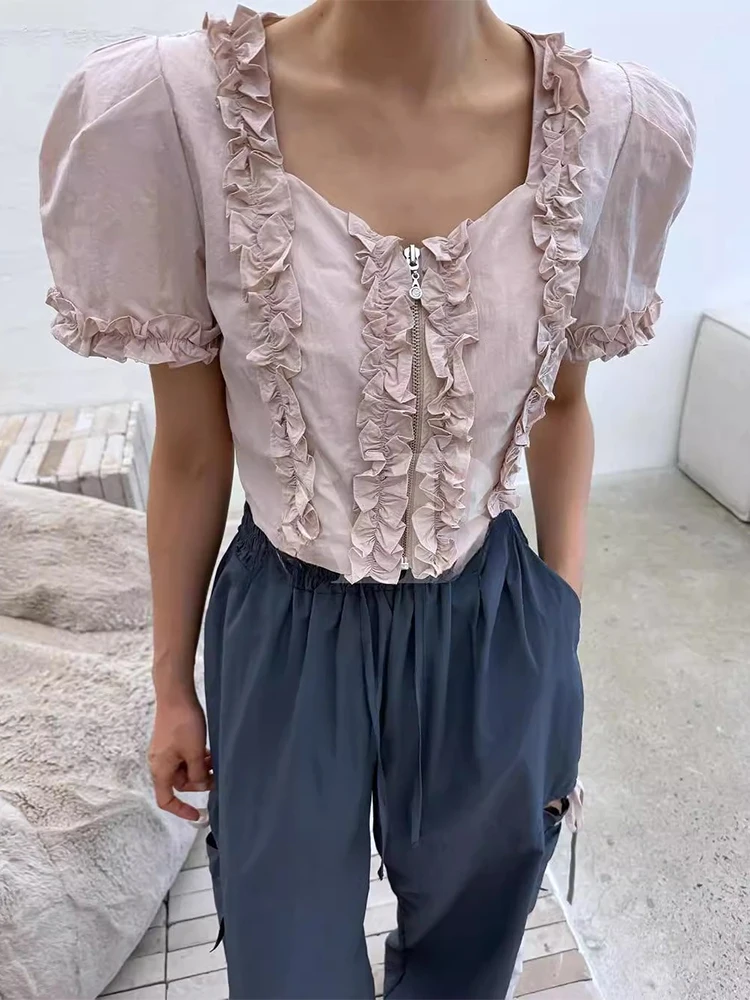 

Splicing Fungus Edge Short Shirt for Women's Summer New Style Fashion Zipper Cardigan Top