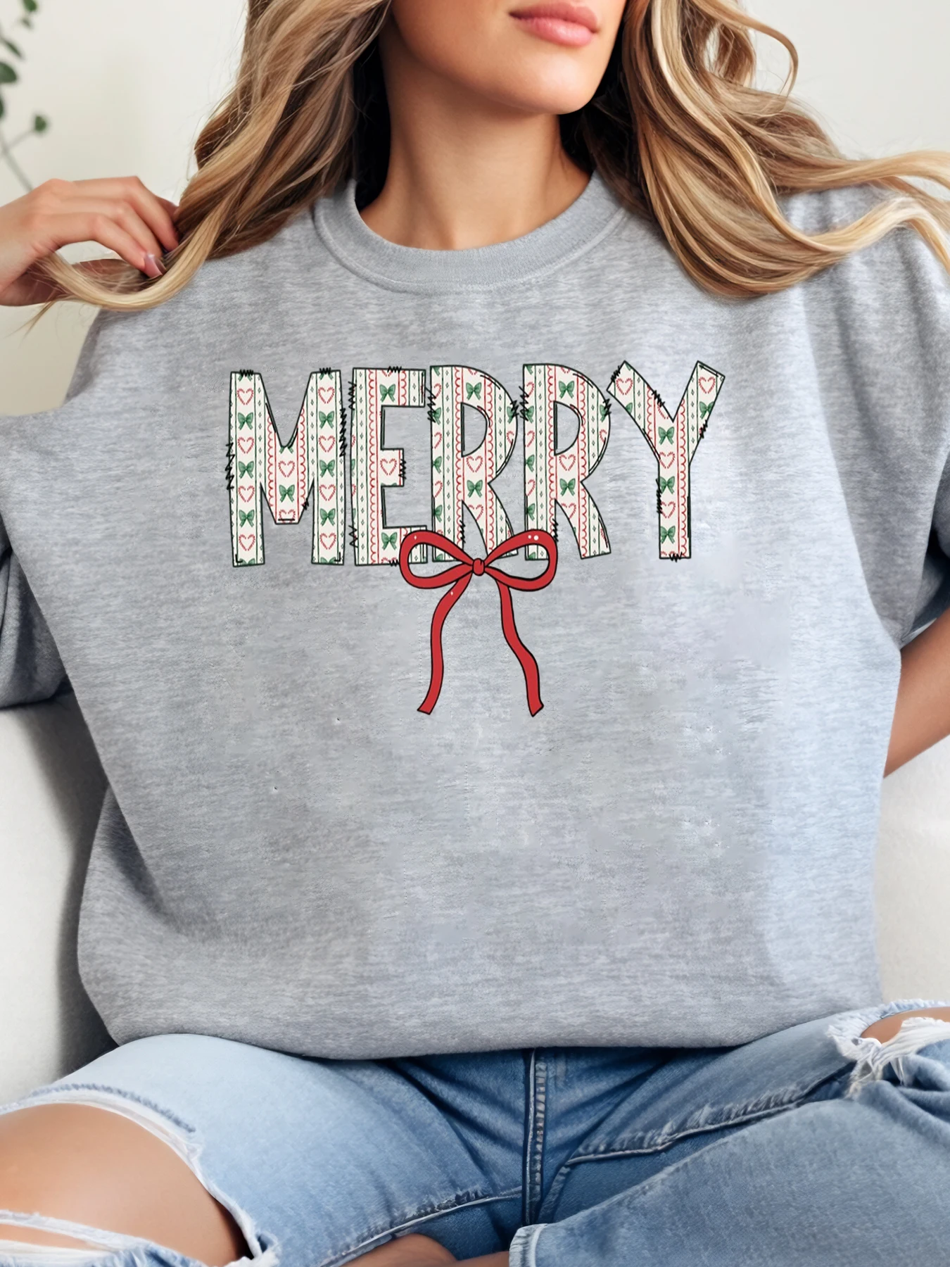 

Толстовка с рождественским узором и принтом, праздничная женская повседневная одежда, серая, больших размеров