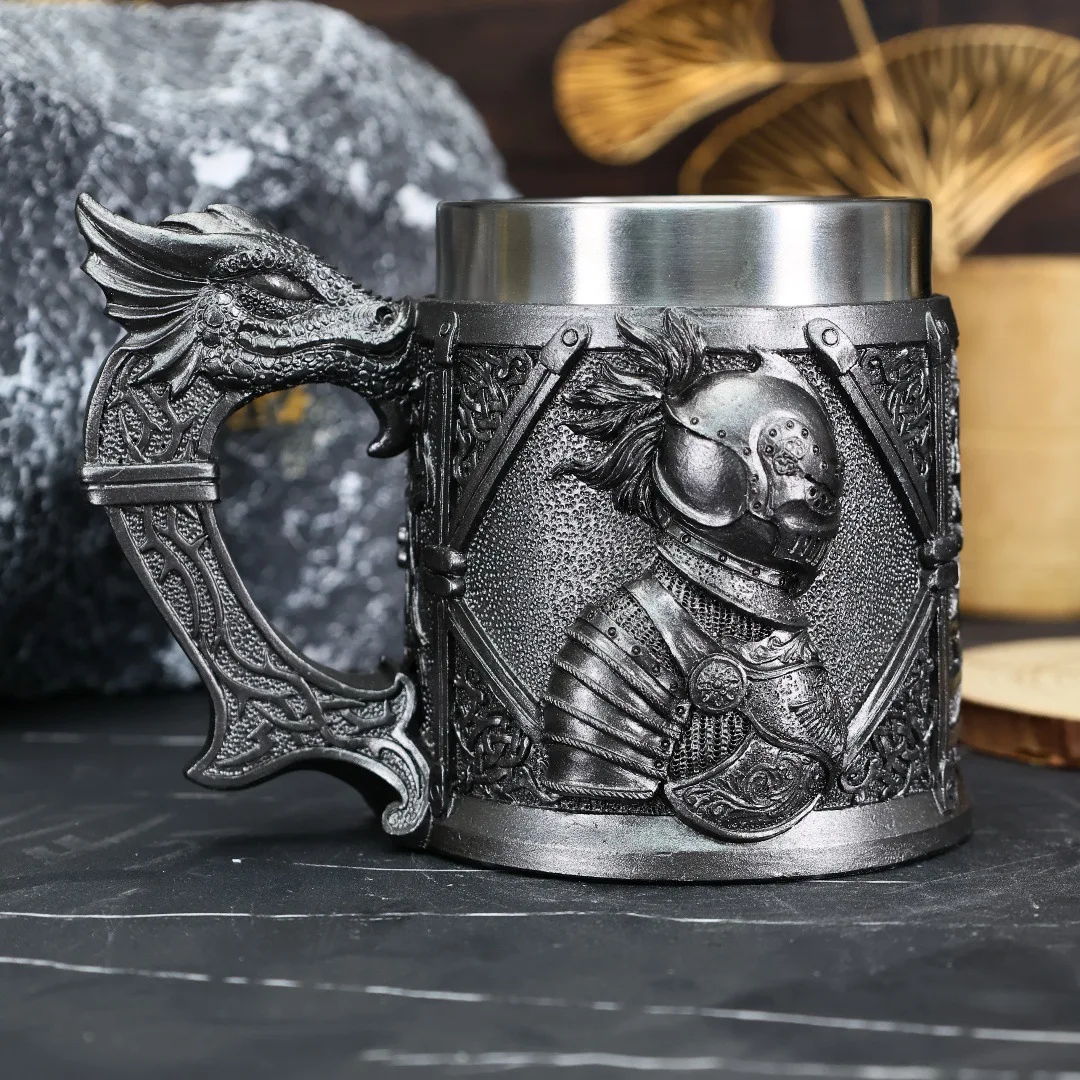 Medieval Viking Beer Mugs Cross Swords Knight Mug Tankard Dragon Resin Stainless Steel Lining Templar Beer Coffee Cup 450ml