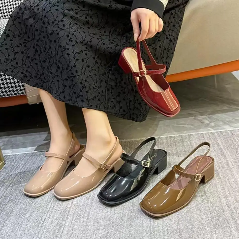 Women Patent Leather Square Toe Slingback Block Low Heel Sandals Adjustable Buckle Strap Backless Mary Jane Pumps Elegant Dress Shoes Office Wedding Daily Party Dating Casual Footwear