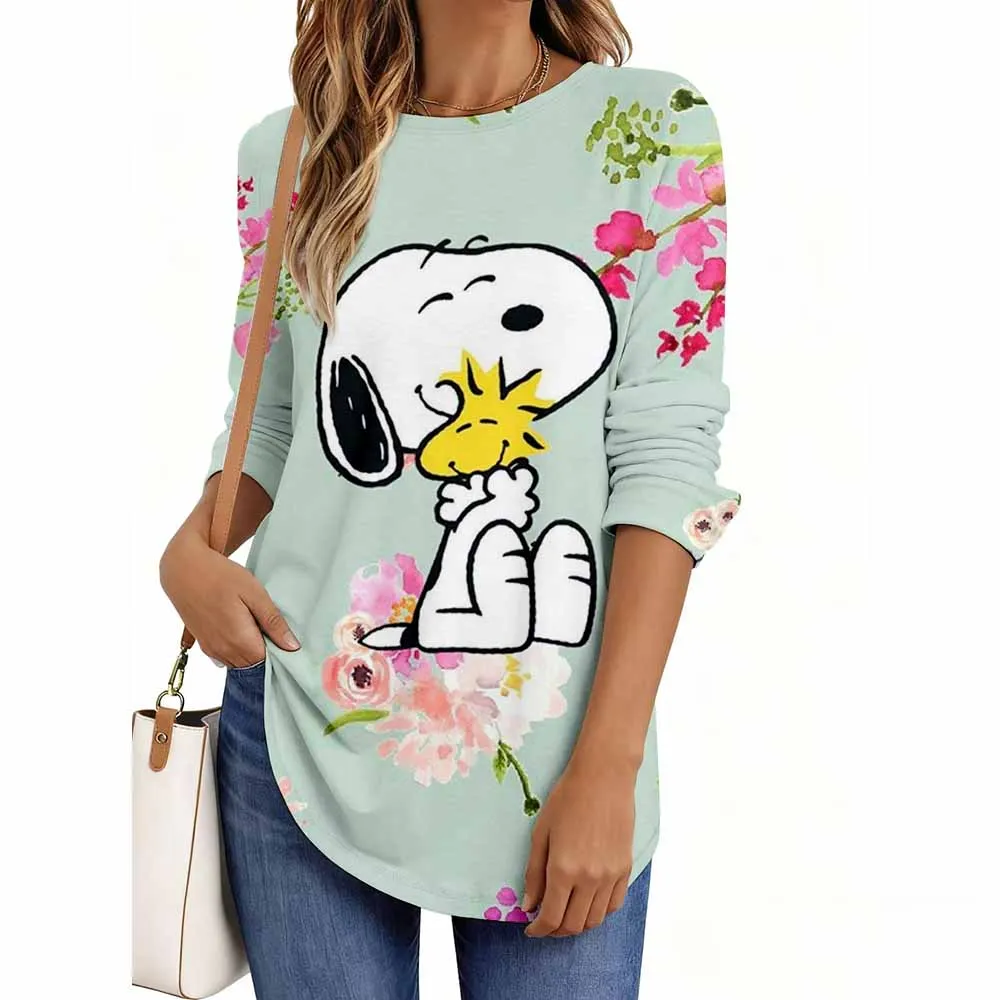 Snoopy print Ladies' Spring and Autumn Clothing Colorful Snoopy Printed T-shirt Long Sleeve Round Neck Casual Top