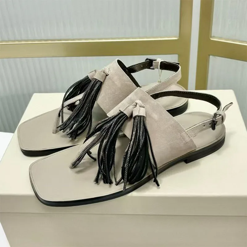 

Hot Selling Cow Suede Flip Flops Sandalias For Woman String Bead Fringe Rome Sandals Women Buckle Band Modern Sandals Women