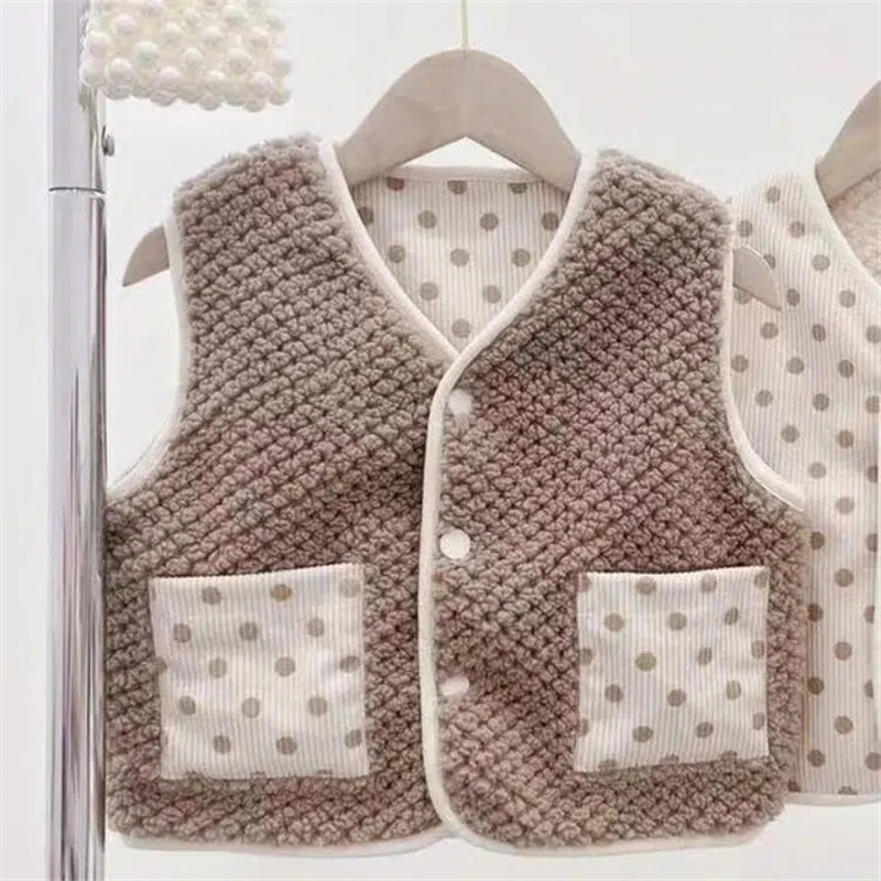 

Korean Style Autumn Winter Girls Outer Wear Vest Cute Dot Print Pattern Children Two-wear Vest Baby Thickened Corduroy Warm Vest