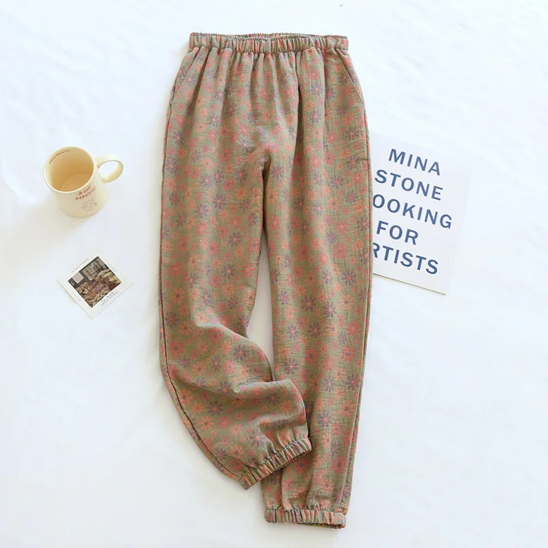 2026 Neue Frühjahr-Sommer Damen-Pyjamas aus 100% Baumwollkrepp, bequeme, lockere Hosen mit großem Blattmuster, dünne Hosen für zu Hause – Detail 5
