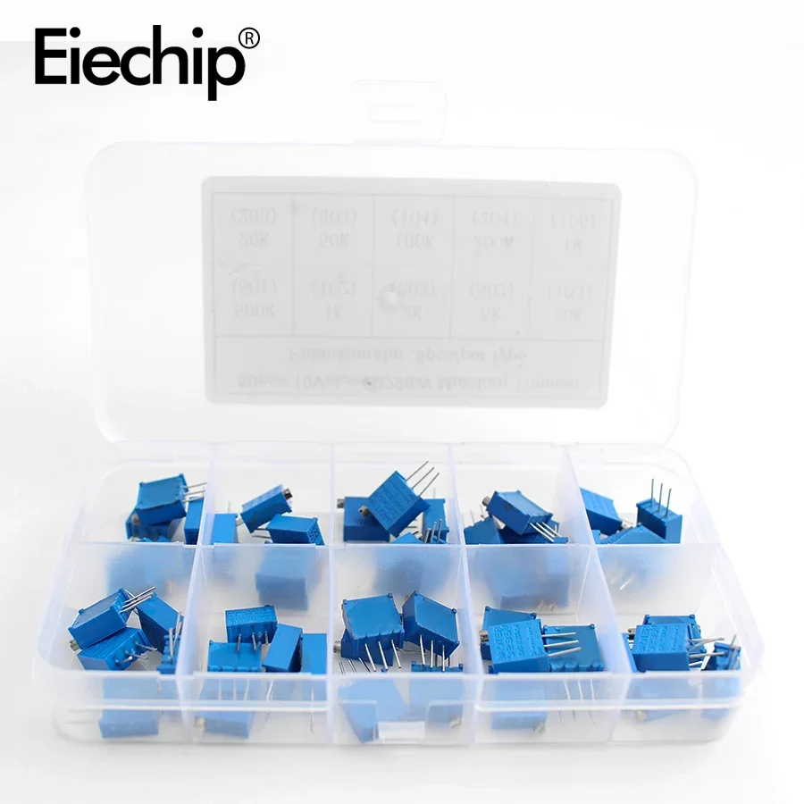 Resistencias variables con caja, potenciómetro de giro múltiple, 3296W, serie 500R, 1K, 2K, 5K, 10K, 20K, 50K, 100K, 200K, 1M, 50 unidades por lote