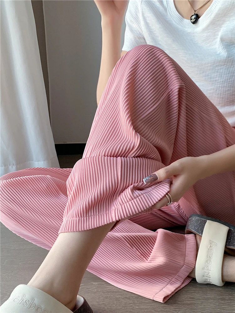 

High Waist Solid Ice Silk Wide Leg Women's Pants Spring Summer Female Straight Casual Loose Trouses Pocket 2023 New