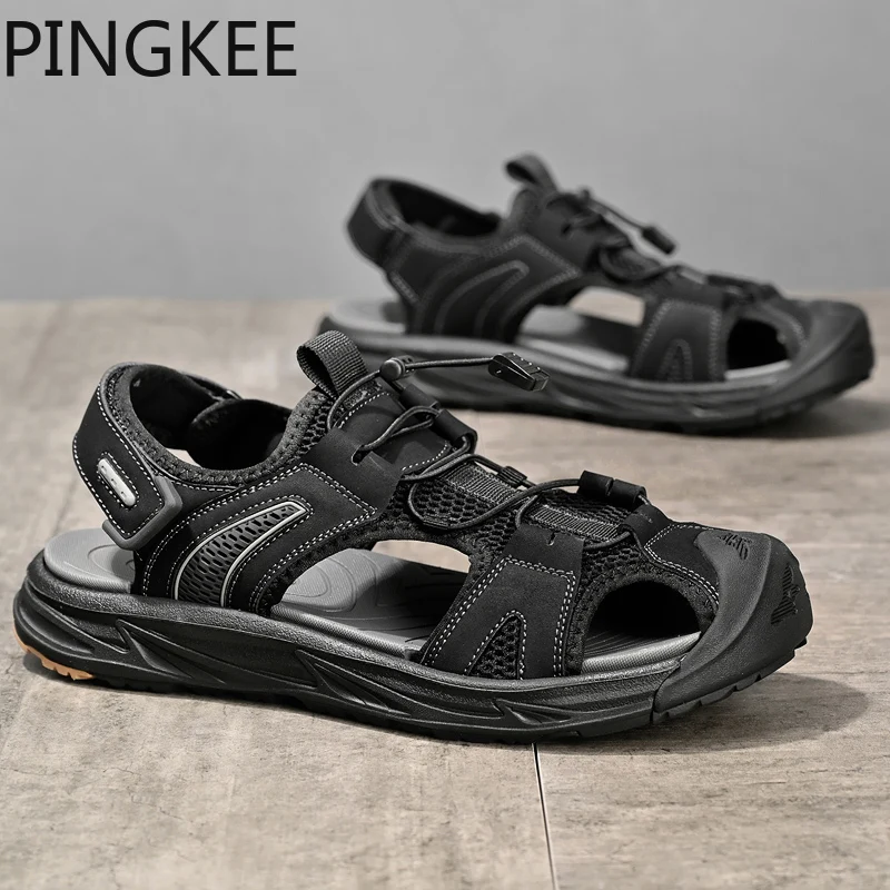 PINGKEE Lace Lock Water Aqua Webbing Lining Toe Bumper Cross Strap Closure Sandals Man Summer Cushion Hiking Sandals For Men