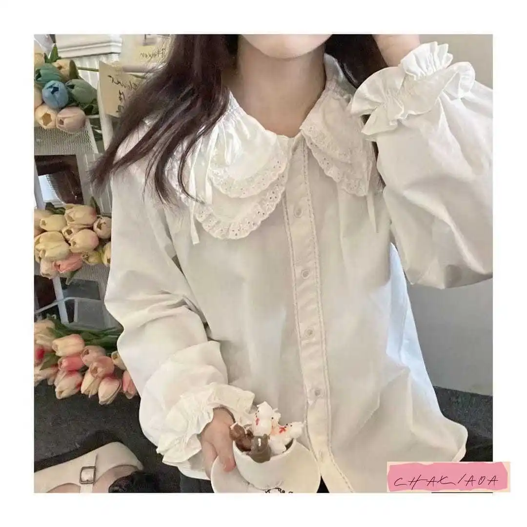 Japanese Fashion Cute 4 Butterfly Ruffle Edge Vest Vest Lolita Inside with Lace Lace Doll Collar Shirt Women Spring and Autumn