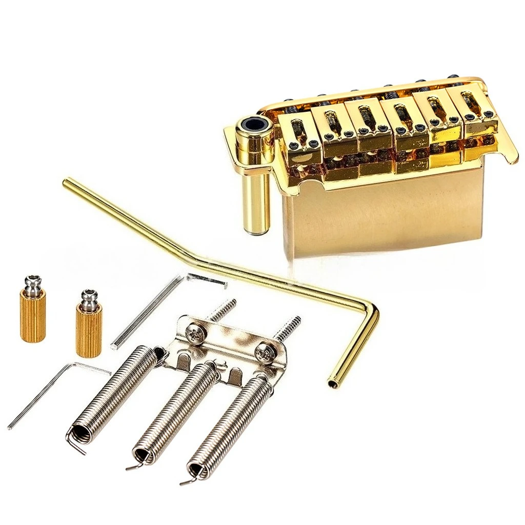 gold-635mm-guitar-tremolo-bridge-set-with-brass-base-black-screws-single-vibrato-bridge-for-st-str-at-style-electric-guitar