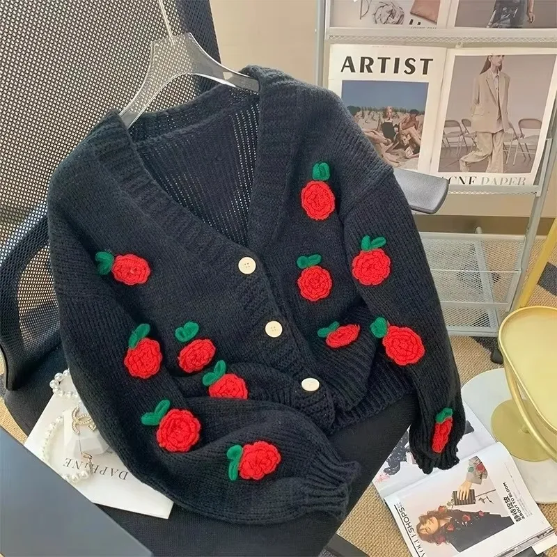 Romantic 3D Flower Knitted Cardigan Women Jacket V Neck Long Sleeve Autumn Winter New Korean Vfashion Retro Outwear Sweater Coat