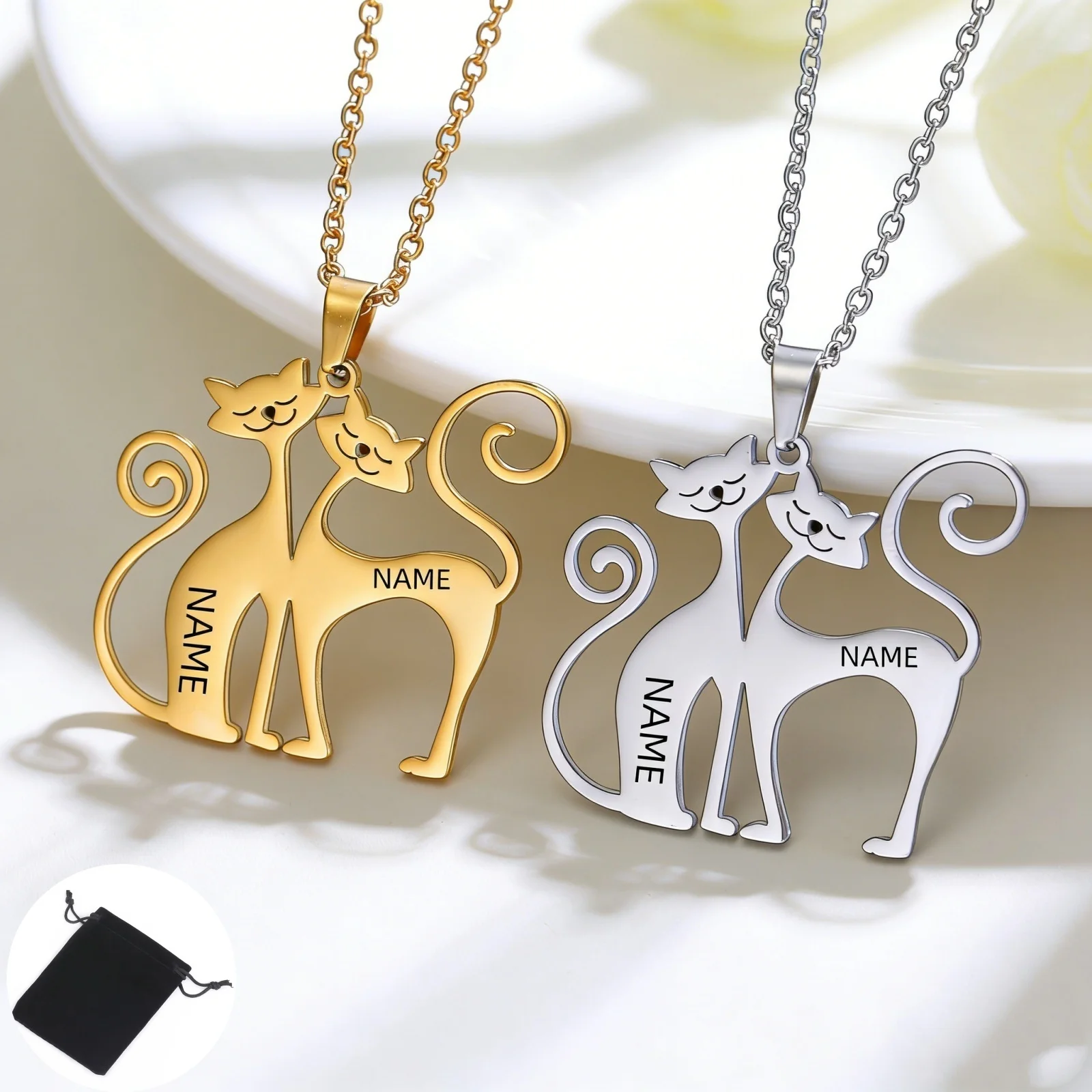 

Customized Name Text Couple Cat Necklace Stainless Steel Funny Animal Pet Kitten Neck Chain Fashion Valentine's Day Gift