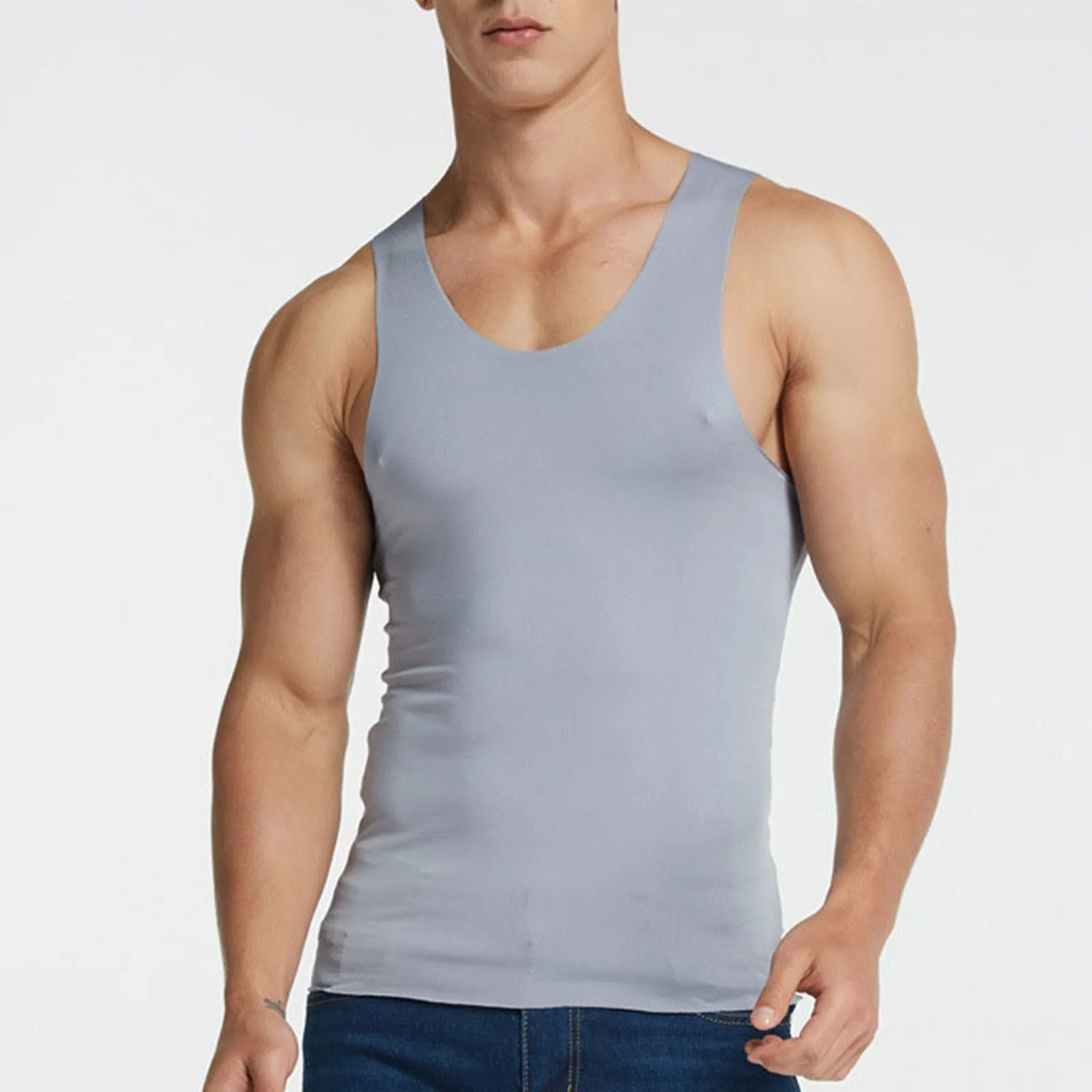 Men\'s Ice Silk Sports Vest Quick Dry Breathable Fitness Seamless Tee Shirts Summer Narrow Shoulder Sleeveless Tank Tops T Shirt