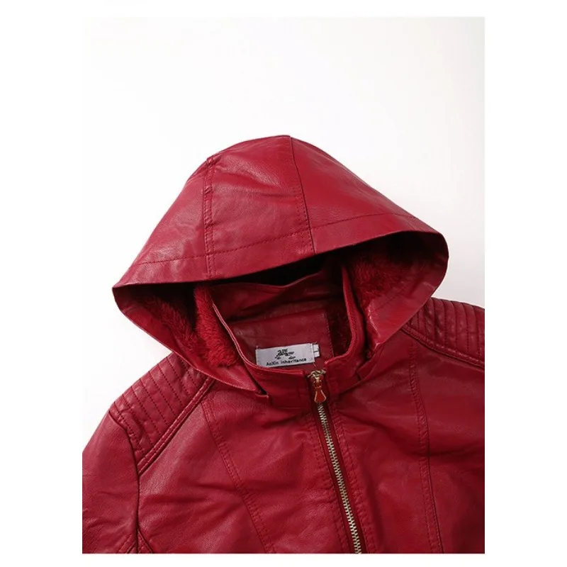 เสื้อโค้ทหนัง PU แฟชั่นสำหรับผู้หญิง พร้อมซับในขนแกะ ทรงเข้ารูป แจ็คเก็ตหนังผู้หญิงมีหมวก สไตล์ฤดูใบไม้ร่วงและฤดูหนาว