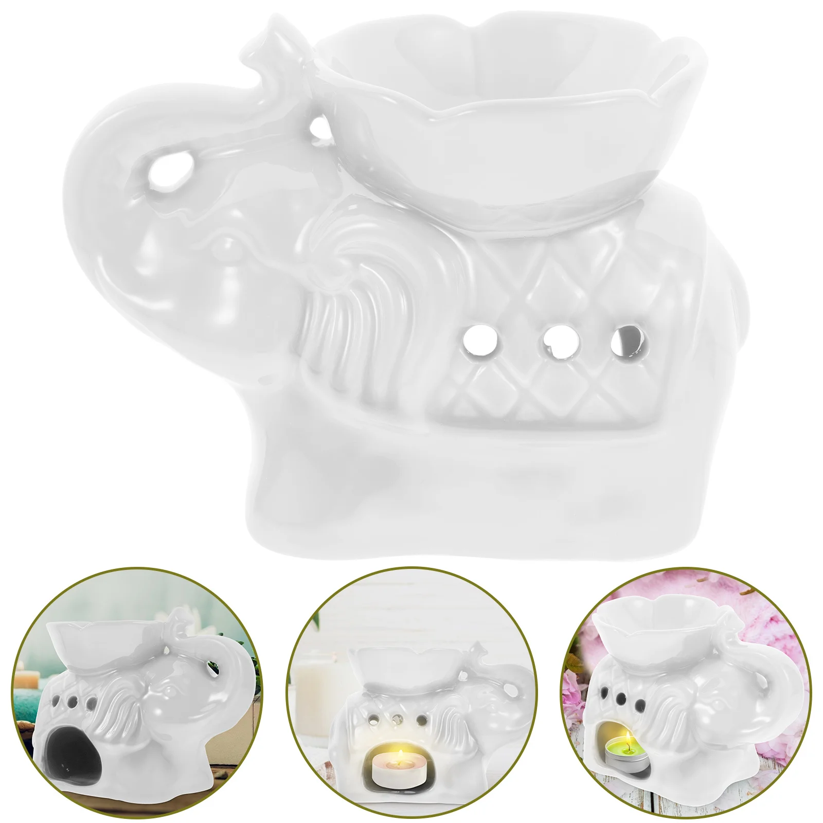 

Holder Essential Oil Burner Tealight Ceramic Elephant White Ornament Incense