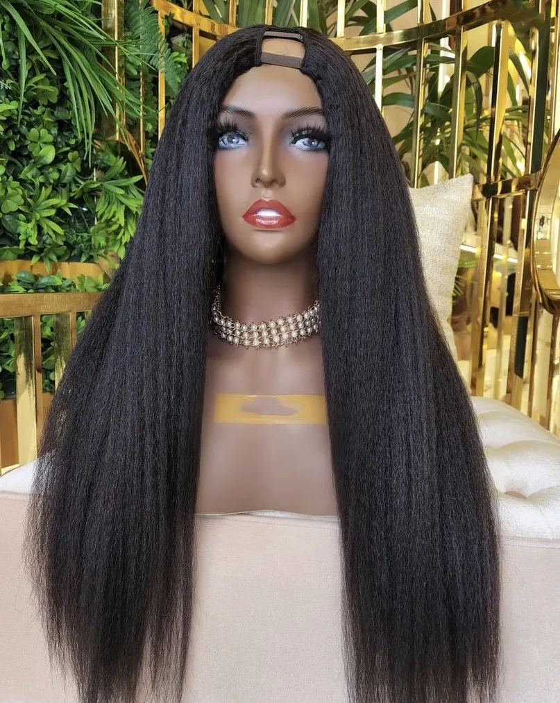 

Long 30" Light Yaki Straight V Part Wigs Unprocessed Black Natural Human Hair Wig 1x4 U Shape Kinky Straight Full End 250Density