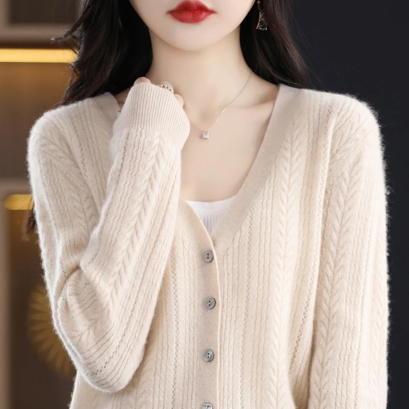 100% Wool Cardigan Womens Clothing V-neck Sweater Female Long Sleeve Tops Knitted Korean Fashion Warm New In Outerwear Cardigan