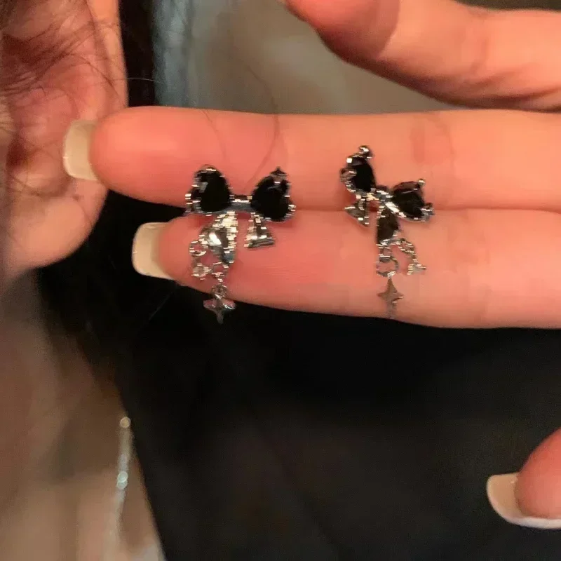 Y2K Bowknot Zircon Stud Earrings for Women Fashion Korean Silver Color Pink Crystal Heart Clavicle Chain Women Jewelry Gifts