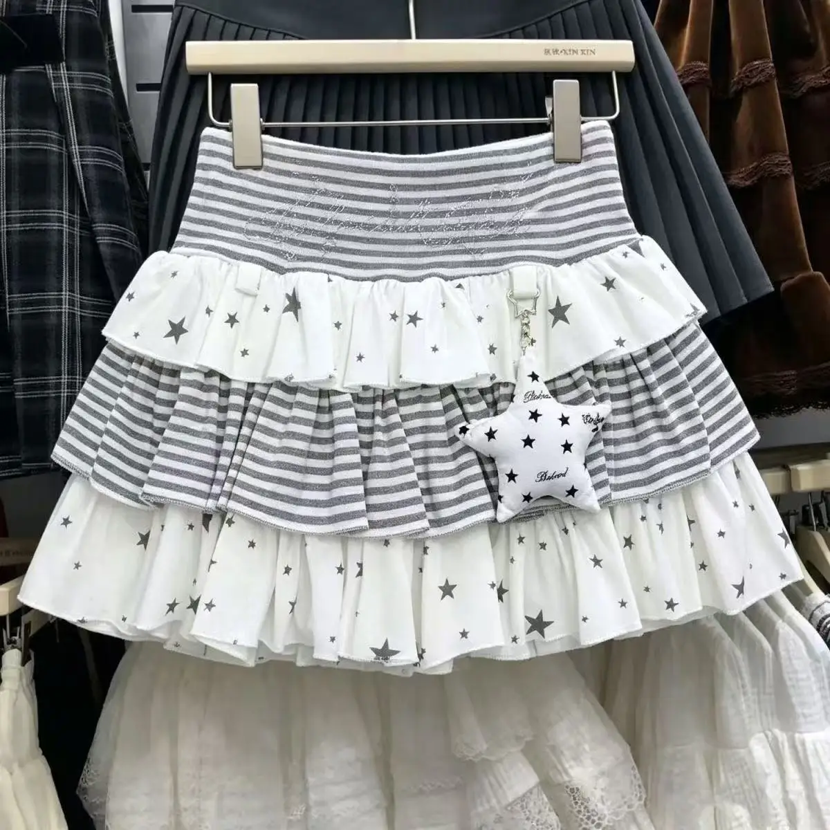 Y2k Harajuku Striped Star Print Mini Skirt Women Sweet Kawaii Slim Cake Skirt Summer Girls Cute Fashion High Waist Puffy Skirt