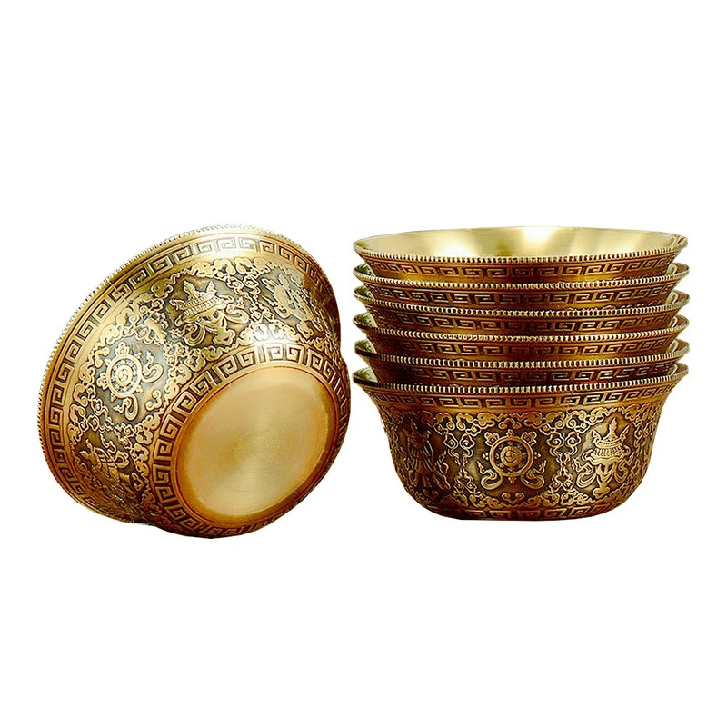 7PCS Pure Copper Holy Water Cups Antique Patina Carved Eight Auspicious Symbols Buddhist Worship Supplies