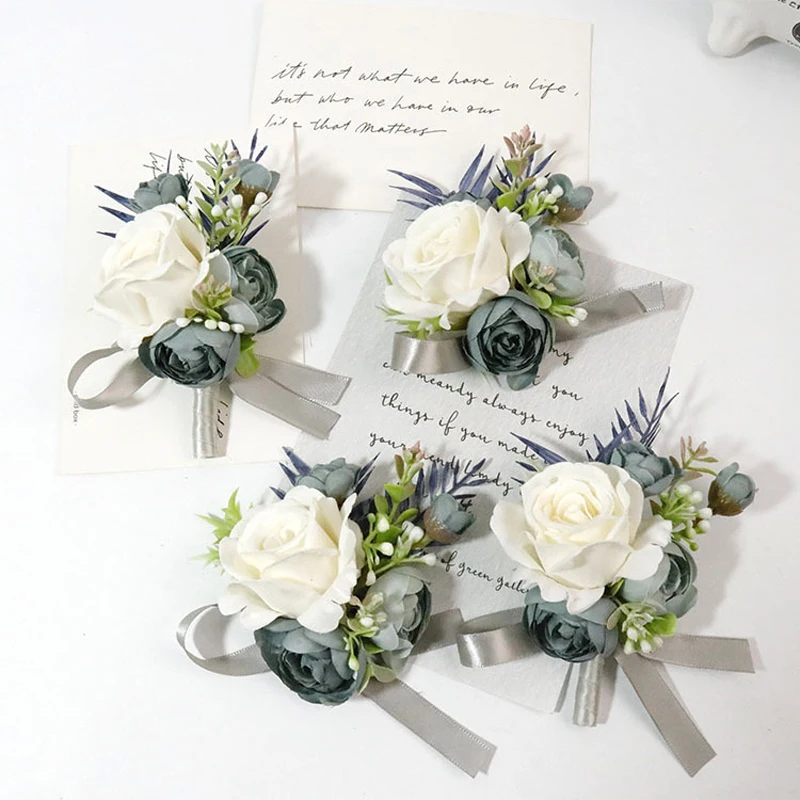 Dusty Blue Artifical Flowers Wedding Boutonniere Corsage Bridesmaid Groom Handmade Accessories Bracelet Marriage Pins