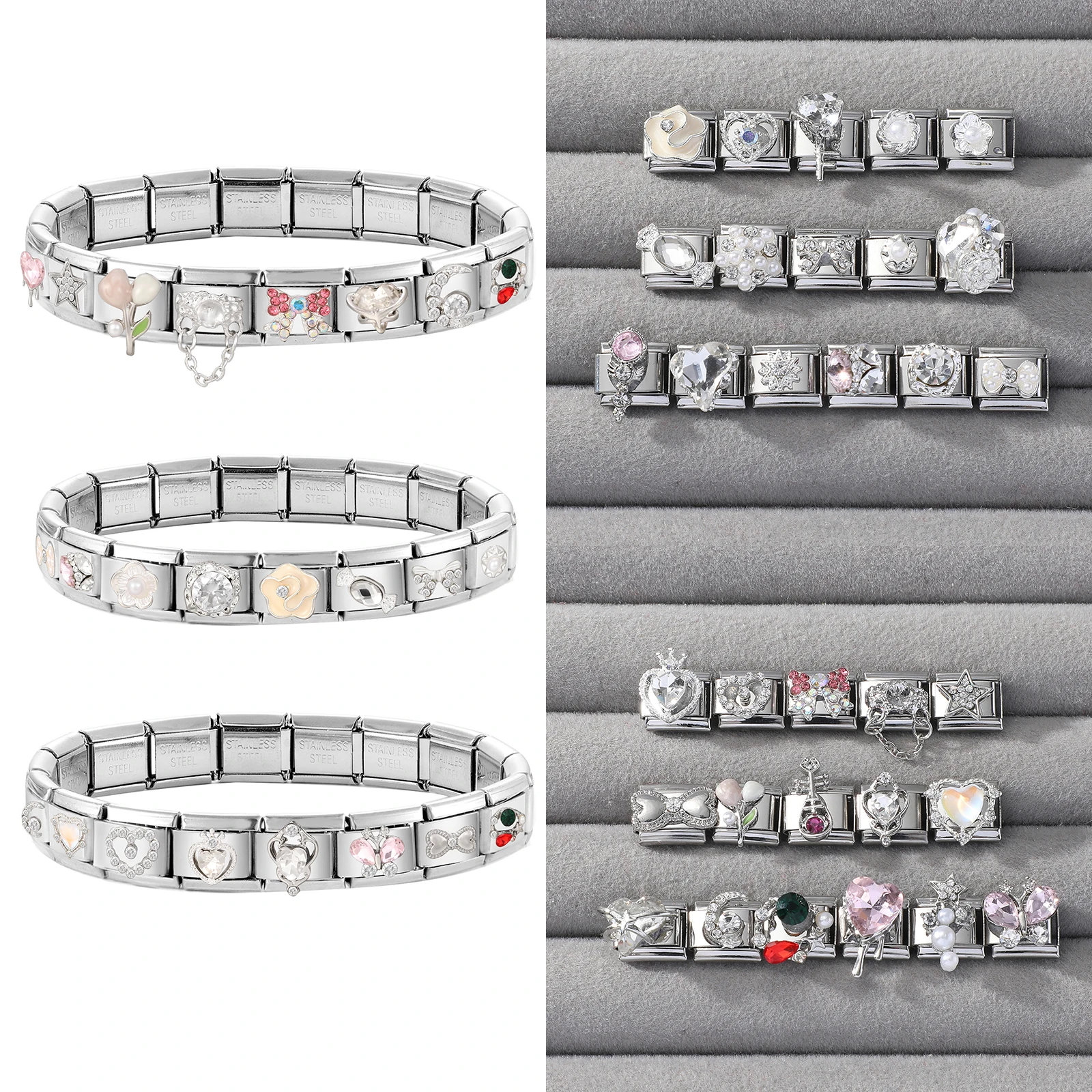 Dulce cereza flores arco corazón guitarra gato diablo ojos Tai Chi italiano encanto enlaces ajuste 9mm pulsera de acero inoxidable DIY hacer