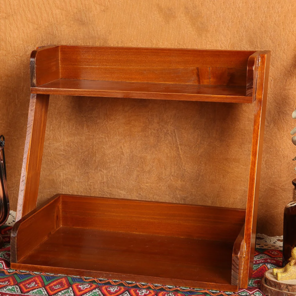 

Desk Wood Shelf Large Capacity Layered Desktop Organizer Makeup Pen Holder Rack Skincare Display Rack Tabletop Sundries Storage
