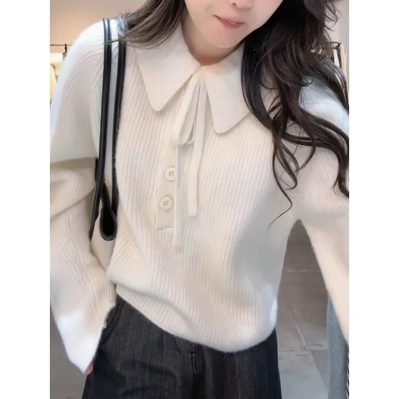 Polo Necklace Sweater Women Winter Loose Loose Knitted Top
