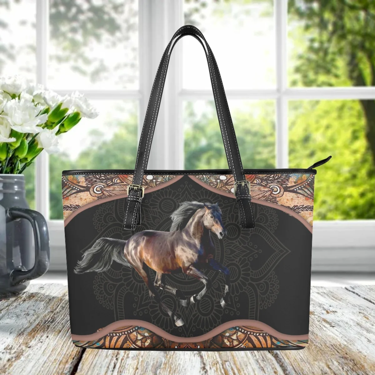 

Tribal Horse Design Ladies Shoulder Bag New Traditional Folk Animal Underarm Bag Fashion Casual Large Capacity Tote Handbag