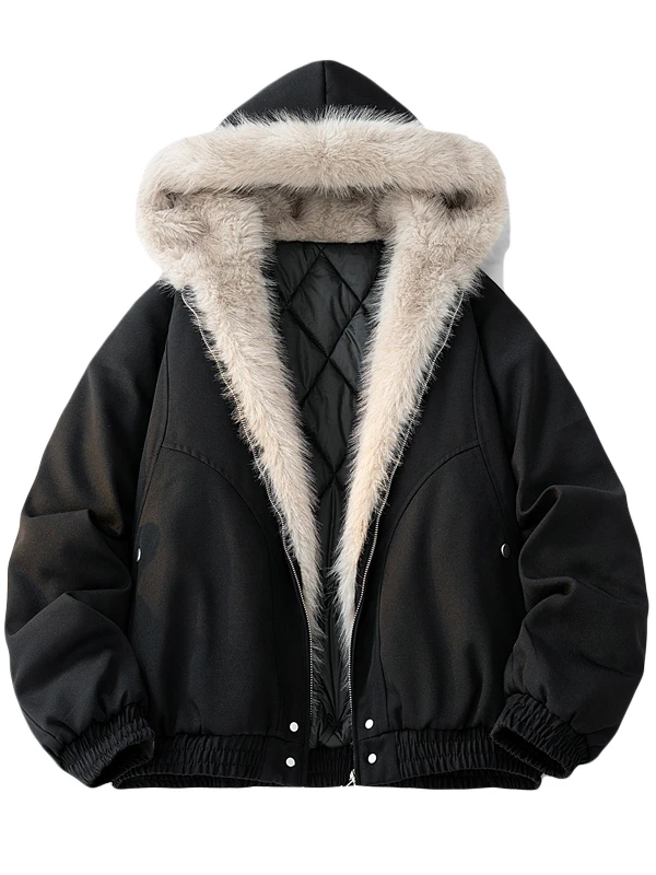 ملابس خارجية من القطن للرجال ثقيلة الوزن بتصميم نسر جبل بغطاء للرأس من الفرو المزيف ملابس خارجية للزوجين ذات ملمس راقي