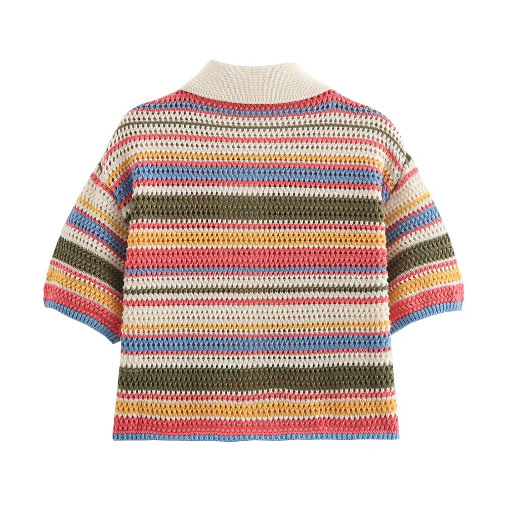 PB&ZA2024 Autumn New Women\'s Fashion Style Casual Versatile Stripe Crochet Knitted Top Shorts Two Piece Set