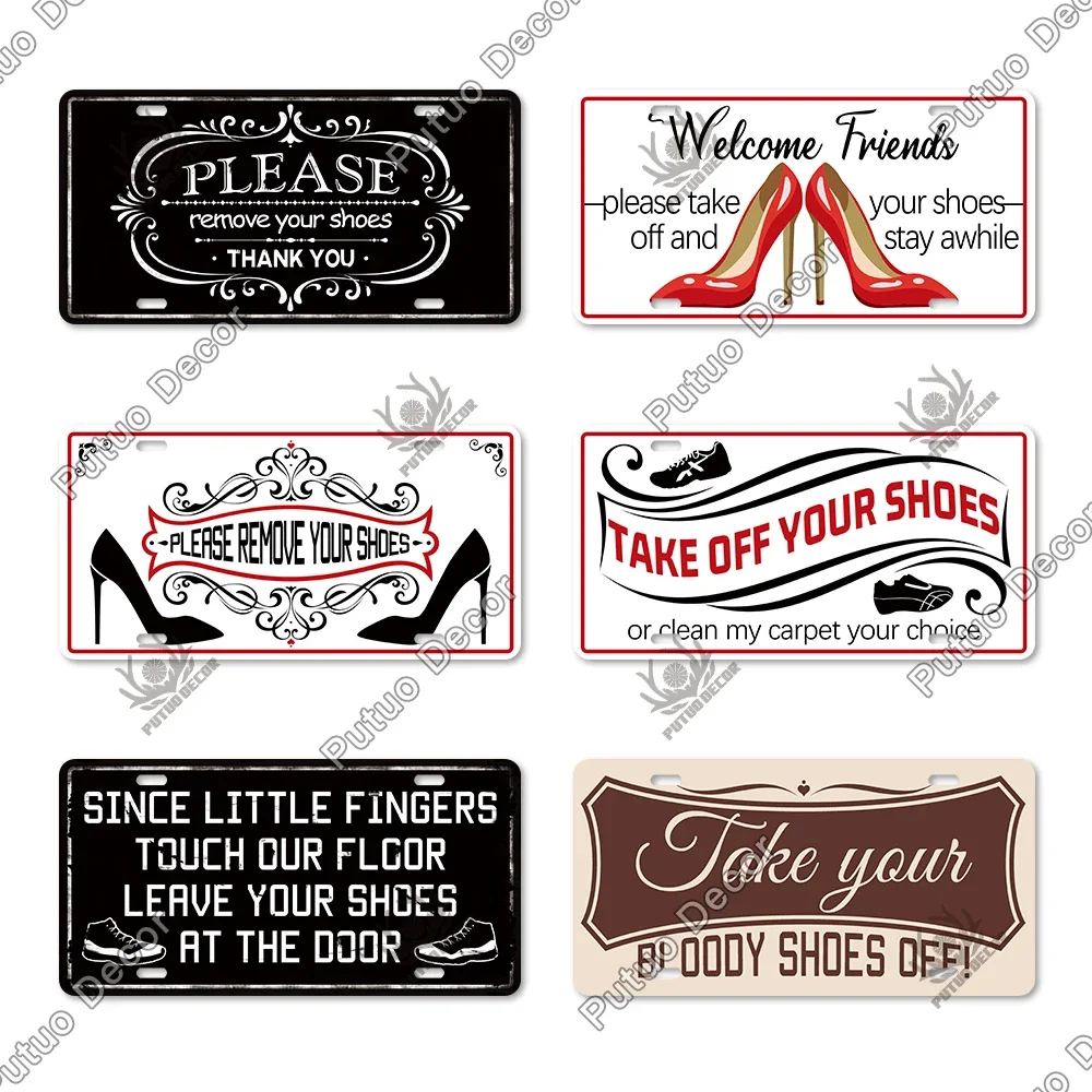 Putuo Decor Take Your Shoes Off Metal Sign Licenses Plate Plaque Metal Vintage Tin Signs for Home Door Living Room Wall Decor