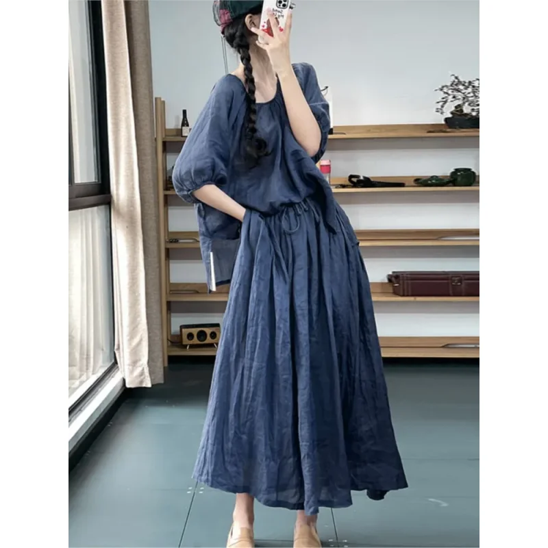 المتضخم الصيف 2 قطعتين مجموعة المرأة عادية موضة بلوزات السيدات مرونة عالية الخصر كشكش مطوي امرأة التنانير الطويلة